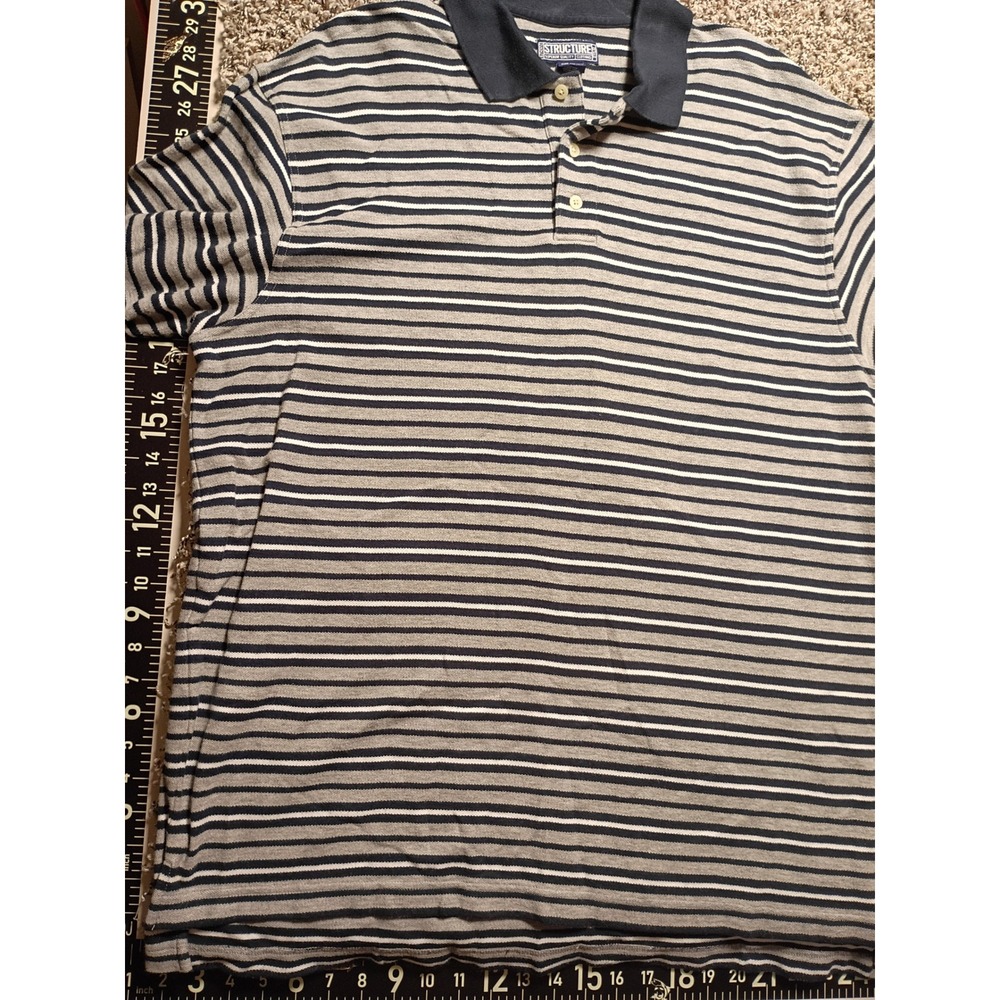 Structure Mens XL Polo Shirt Short Sleeve Striped Cotton Navy Grey White